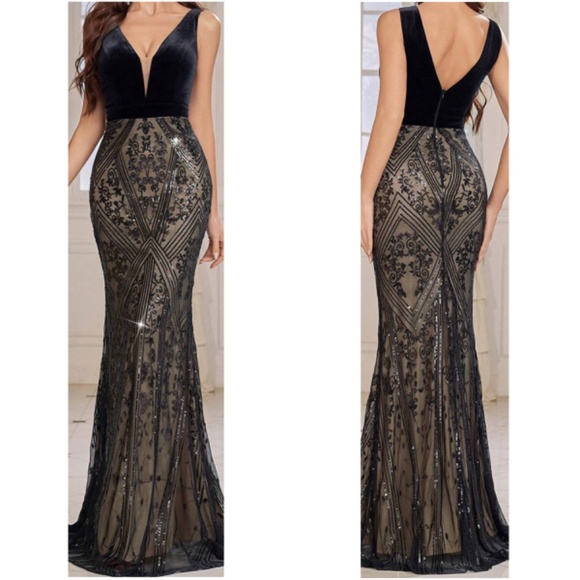 Luxe Sequin Velvet Mermaid Hem Formal Evening Party Wedding Dress - Picture 4 of 8